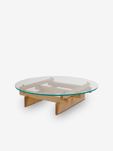 564 Sengu Round Coffee Table by with Clear Glass Top and Natural Oak Base Cassina