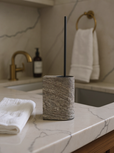 Nobble Marble Toilet Brush in Travertino Titanium by Giobagnara