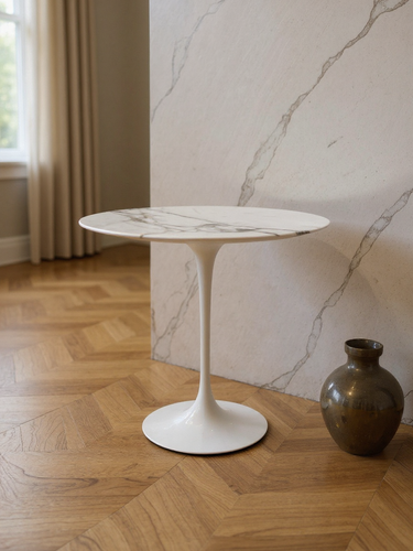 Eero Saarinen Oval Side Table with Grey Satin Marble & White Base by Knoll