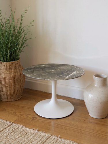 Eero Saarinen Small Round Coffee Table with Grey Marble Top & White Base by Knoll