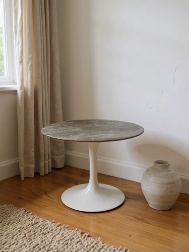 Eero Saarinen Small Round Table with Grey Satin Marble Top & White Base by Knoll