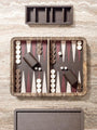 Rodi Backgammon Set in Travertine and Walnut in Calfskin Golf by Giobagnara