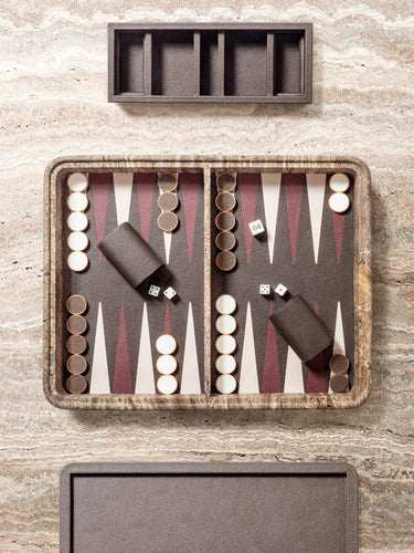 Rodi Backgammon Set in Travertine and Walnut in Calfskin Golf by Giobagnara
