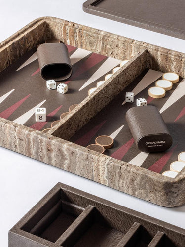 Rodi Backgammon Set in Travertine and Walnut in Calfskin Golf by Giobagnara