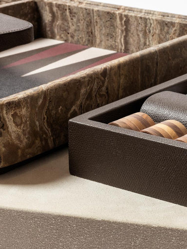 Rodi Backgammon Set in Travertine and Walnut in Calfskin Golf by Giobagnara