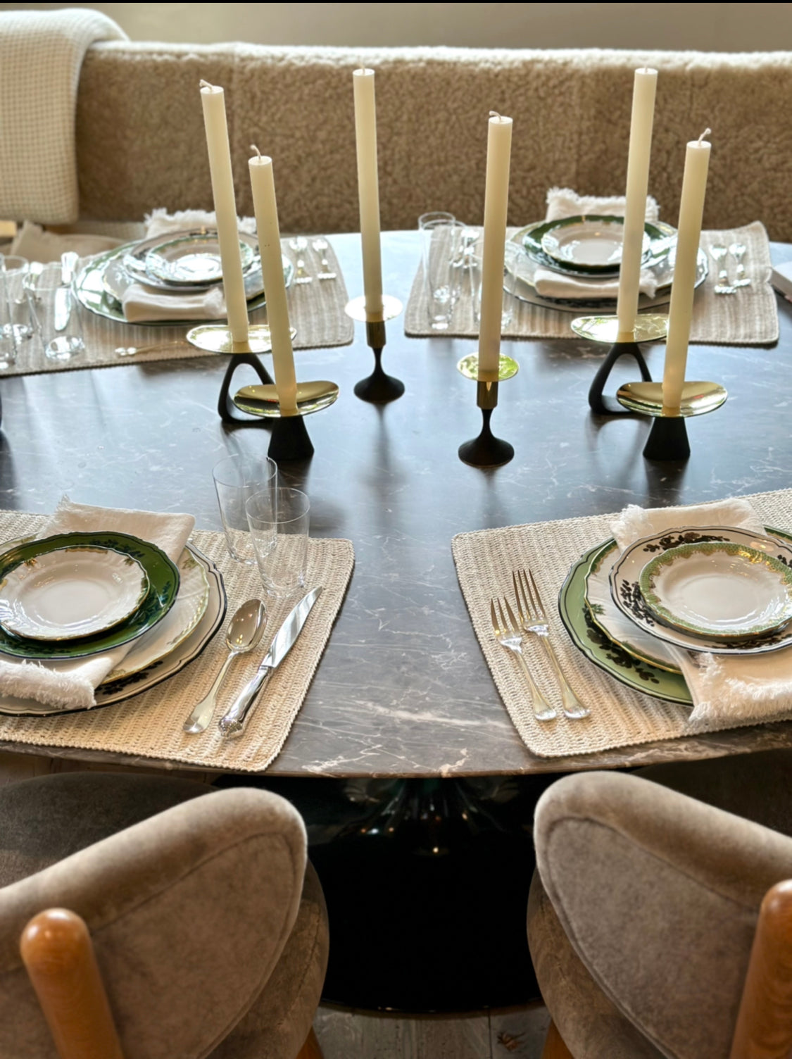 Pair of Taper Candle Holders with Patinated Brass Base and Polished Top - Thumbnail 3