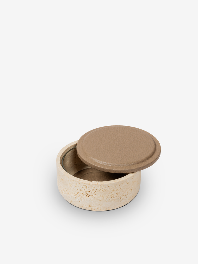 Naxos Medium Taupe Deer Leather & Classic Travertino Marble Bowl by Giobagnara