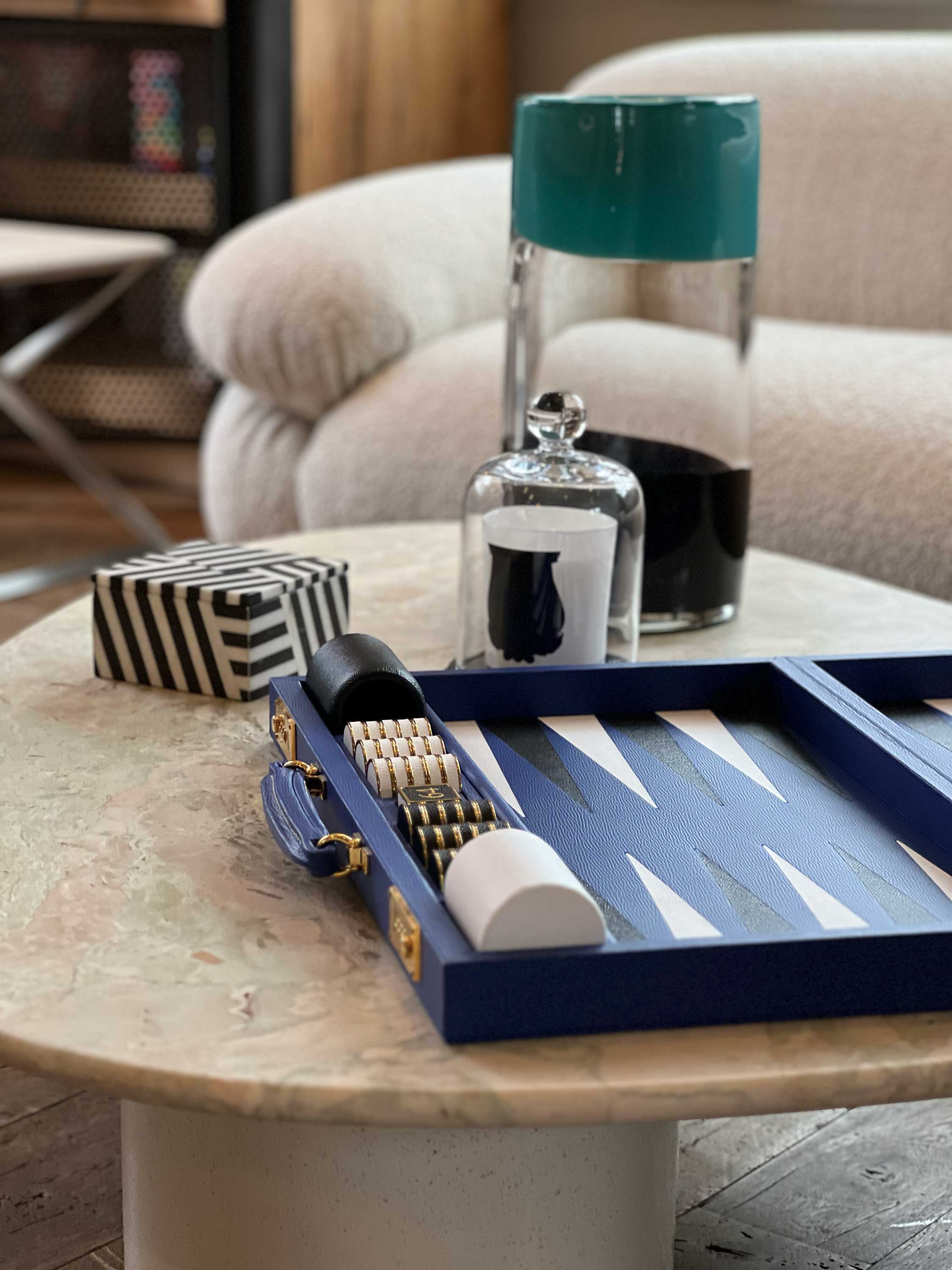 Cobalt Leather Backgammon by Geoffrey Parker