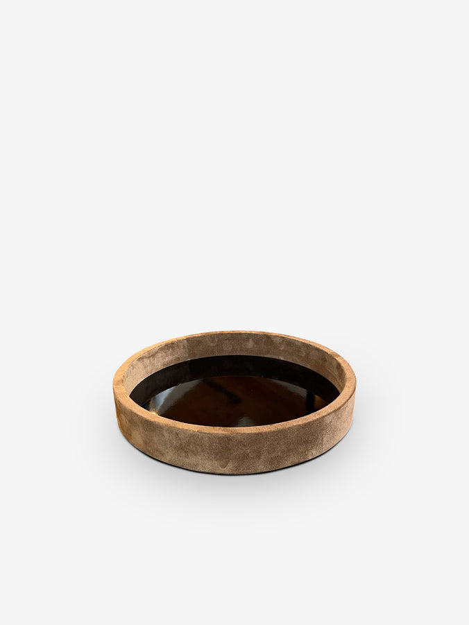 Platte S Round Tray Covered in Tobacco Suede and Black Lacquer by Michael Verheyden