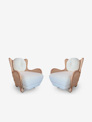 A French Atelier Produced for MONC XIII Pair of 1920s French Inspired Ashwood and Wicker Chairs in Bouclette