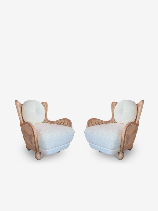 A French Atelier Produced for MONC XIII Pair of 1920s French Inspired Ashwood and Wicker Chairs in Bouclette