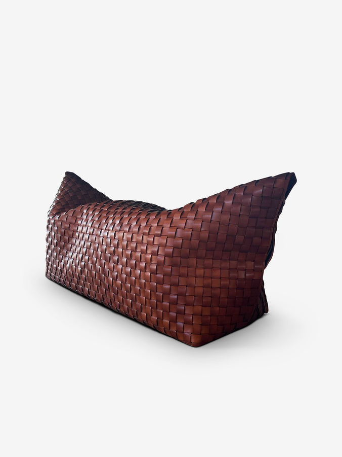 Mao Large Ottoman In Woven Full Grain Leather Cognac Colour