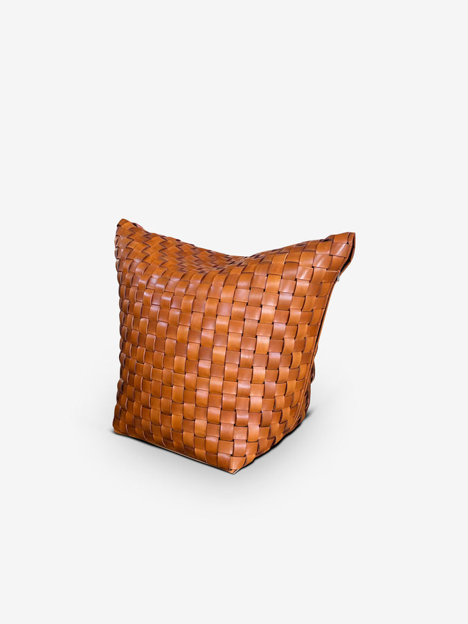 Mao Pouf In Woven Full Grain Leather Cognac Colour