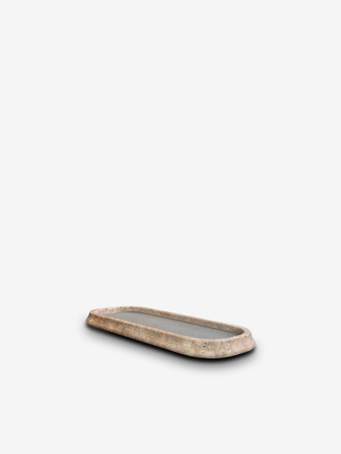 Rodi Walnut Travertino Marble and Calfskin Golf Mud Valet Tray Long Rectangular Small by Giobagnara
