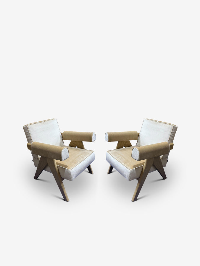 Pair Of Pierre Jeanneret 1960 Capitol Complex Armchairs in Osaka Cipria Fabric and Oak Legs