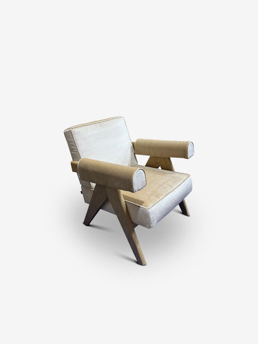 Pierre Jeanneret 1960 Capitol Complex Armchair in Osaka Cipria Fabric and Oak Legs