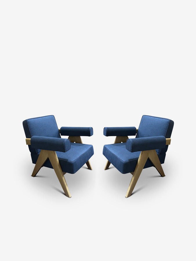 Pair Of Pierre Jeanneret 1960 Capitol Complex Chairs in Lipari Blu in Oak