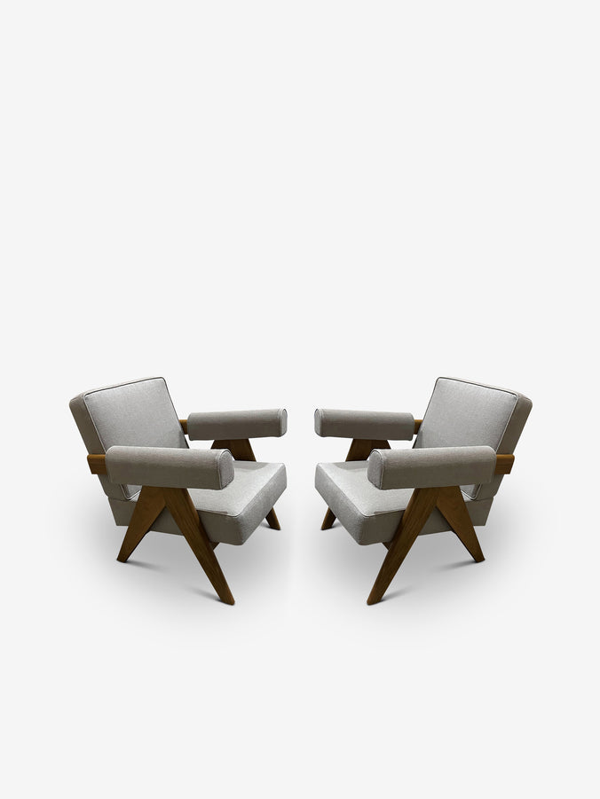 Pair Of Pierre Jeanneret 1960 Capitol Complex Armchairs in Panna Lipari with Teak