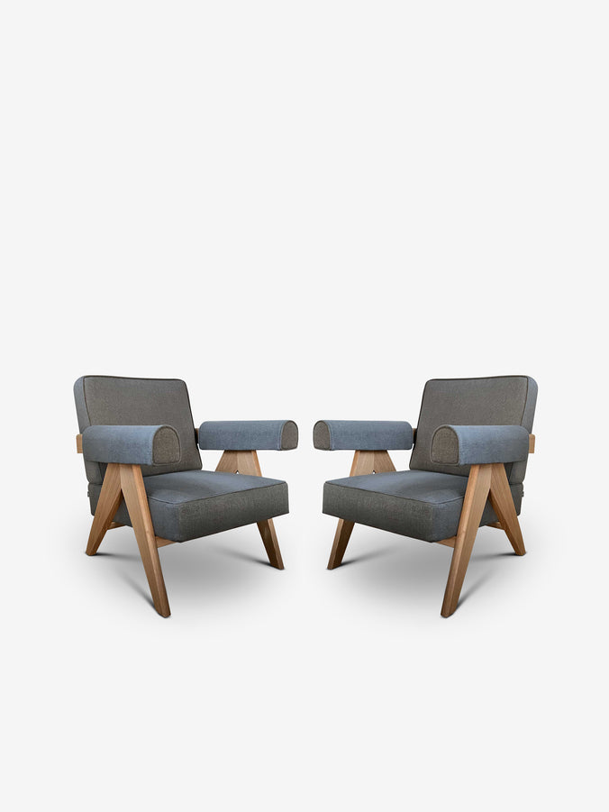 Pair Of Pierre Jeanneret 1960 Capitol Complex Chairs in Grigrio Linen with Teak