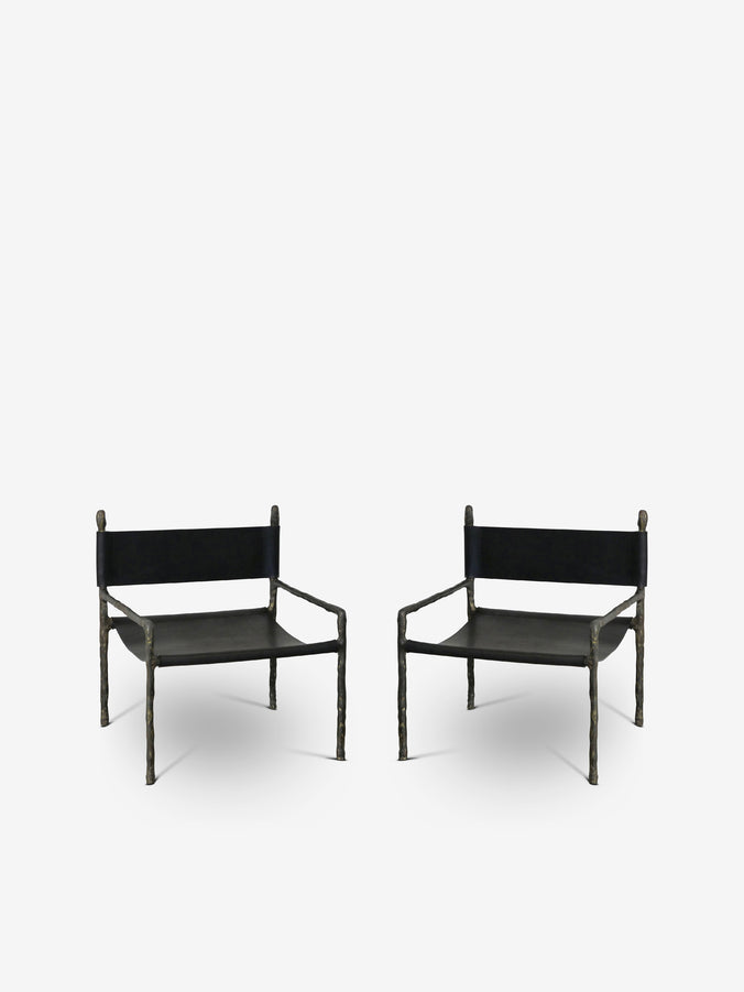 Pair Of Orsed Chairs in Vasted Patinated Bronze with Black Saddle Leather by Michael Verheyden