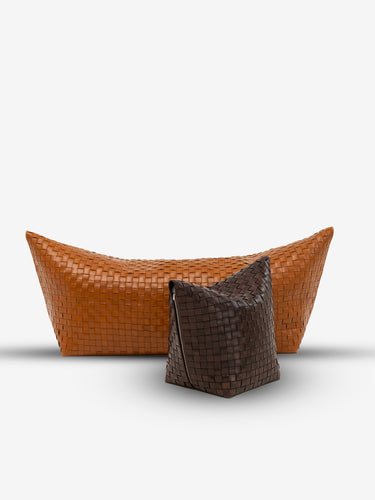 Mao Large Ottoman In Woven Full Grain Leather Cognac Colour