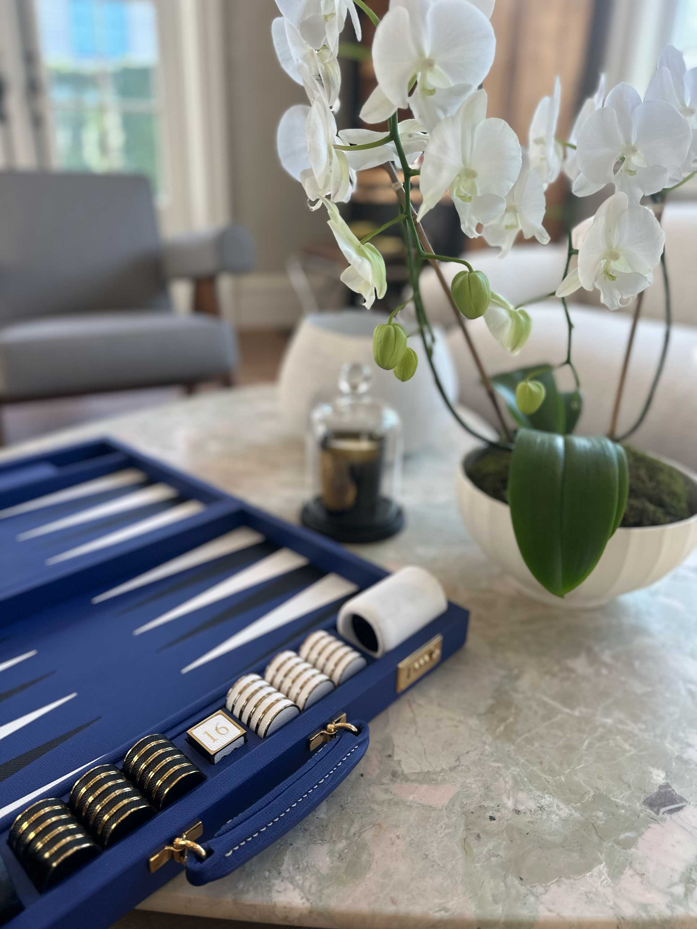 Cobalt Leather Backgammon by Geoffrey Parker