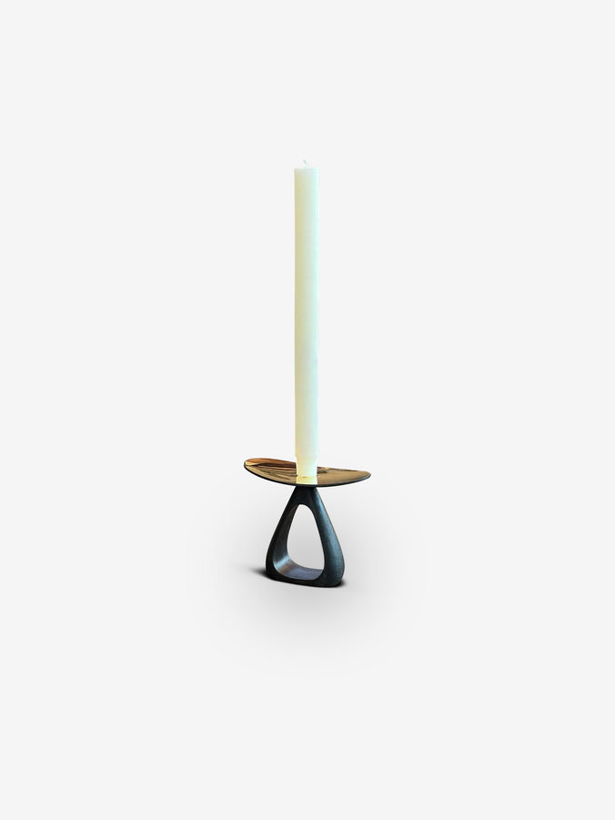 Pair of Candle Holders with Patinated Triangular Base and Polished Top by Carl Auböck