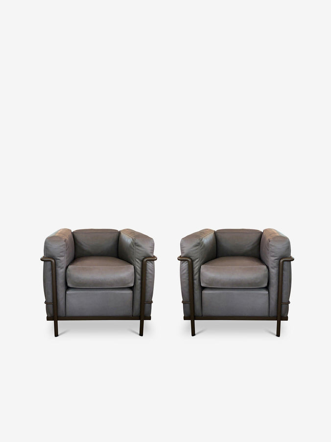 Pair Of iMaestri Le Corbusier 2 Armchair Corbusier in Grey Leather by Cassina