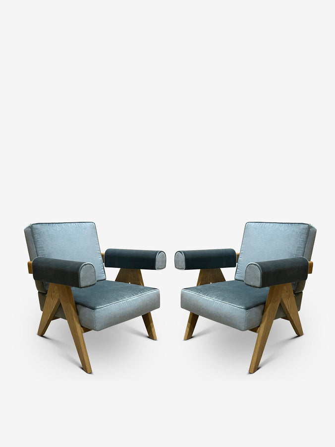 Pair Of Pierre Jeanneret 1960 Capitol Complex Armchair In Oak & Carta di Zucchero