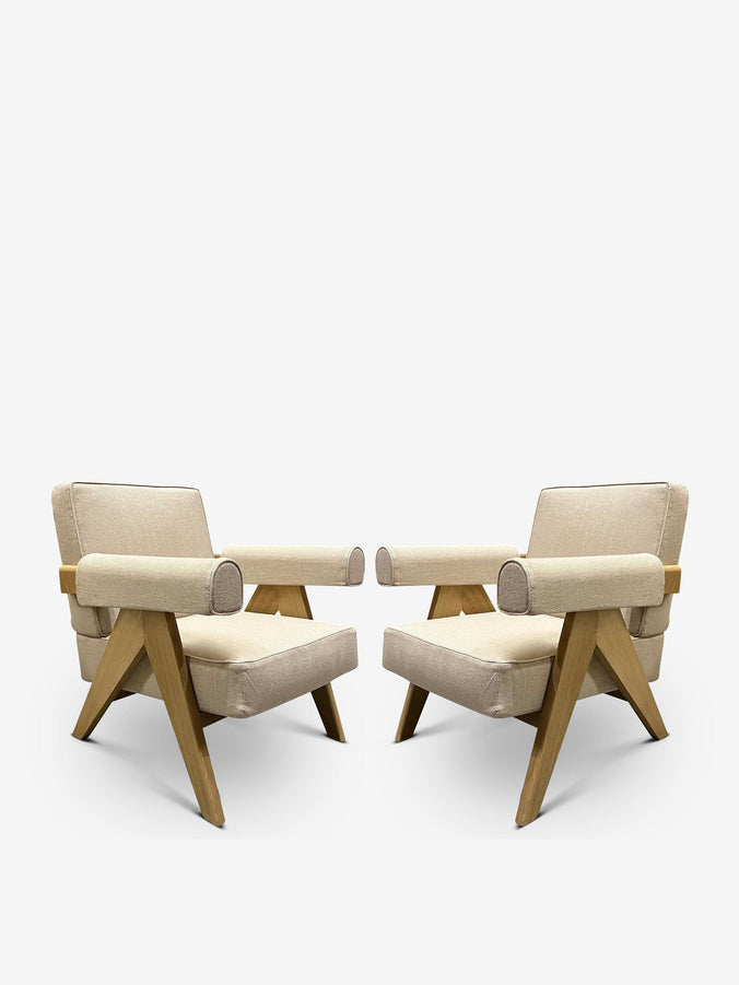Pair Of Pierre Jeanneret 1960 Capitol Complex Armchair In Lipari Crema