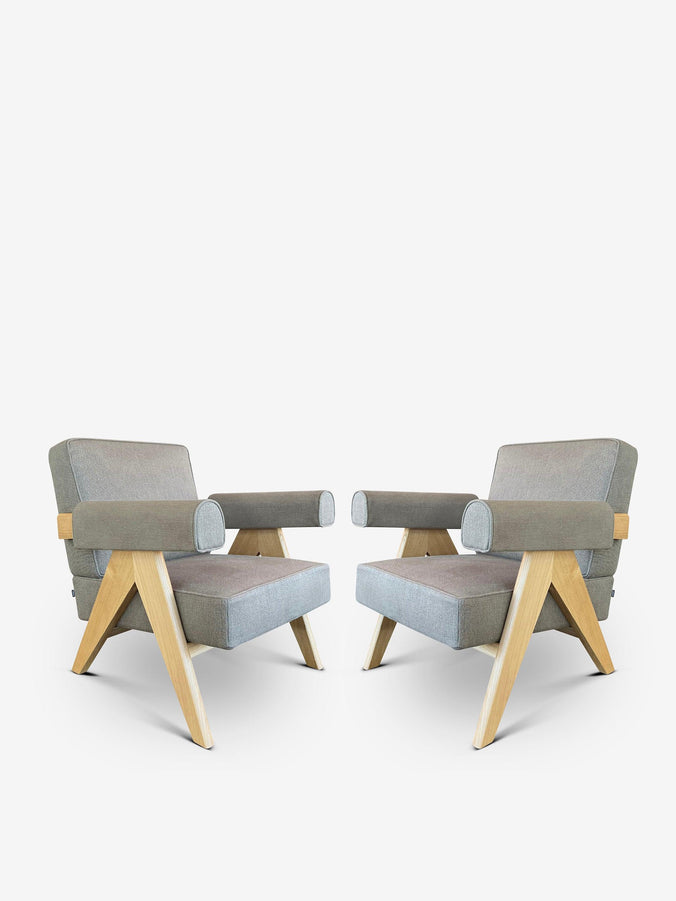 Pair Of Pierre Jeanneret 1960 Capitol Complex Armchair In Lipari Grigio