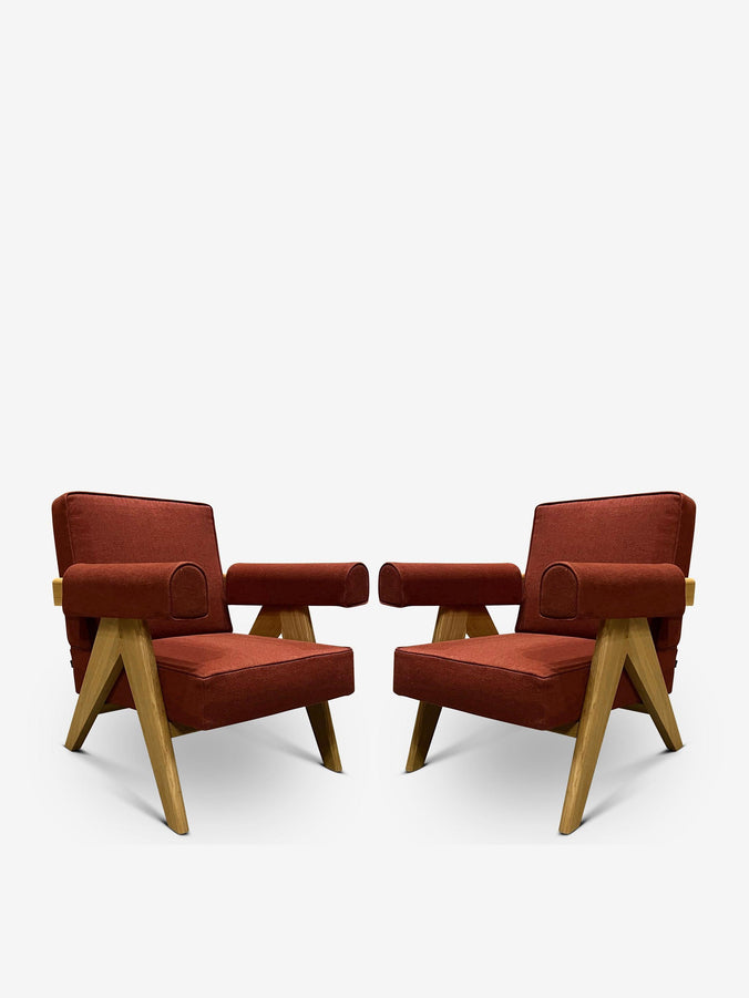Pair Of Pierre Jeanneret 1960 Capitol Complex Armchair In Lipari Ruggine