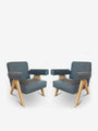 Pair Of Pierre Jeanneret 053 Capitol Complex Armchair In Oak with Jeans Fabric - MONC XIII