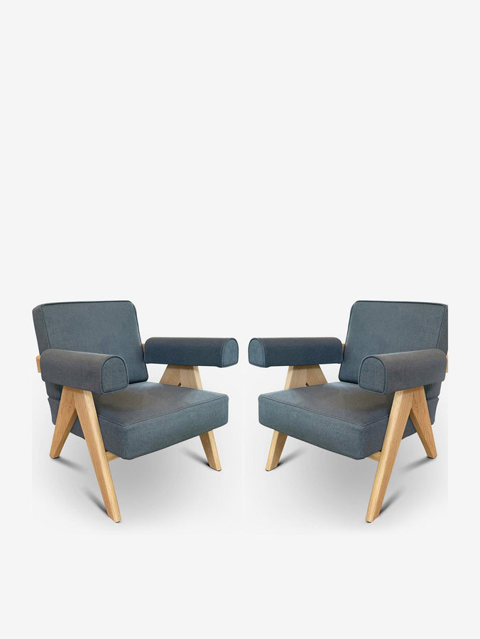 Pair Of Pierre Jeanneret 1960 Capitol Complex Armchair In Oak with Jeans Fabric