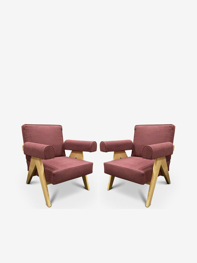Pair Of Pierre Jeanneret 1960 Capitol Complex Armchair In Oak with Vinaccia