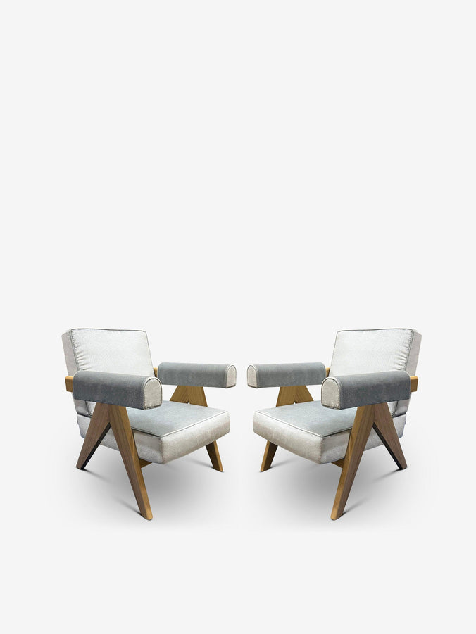 Pair Of Pierre Jeanneret 1960 Capitol Complex Armchair In Osaka Cielo