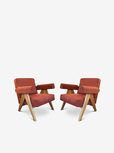Pair Of Pierre Jeanneret 1960 Capitol Complex Armchair in Teak with Ruggine Fabric by Cassina