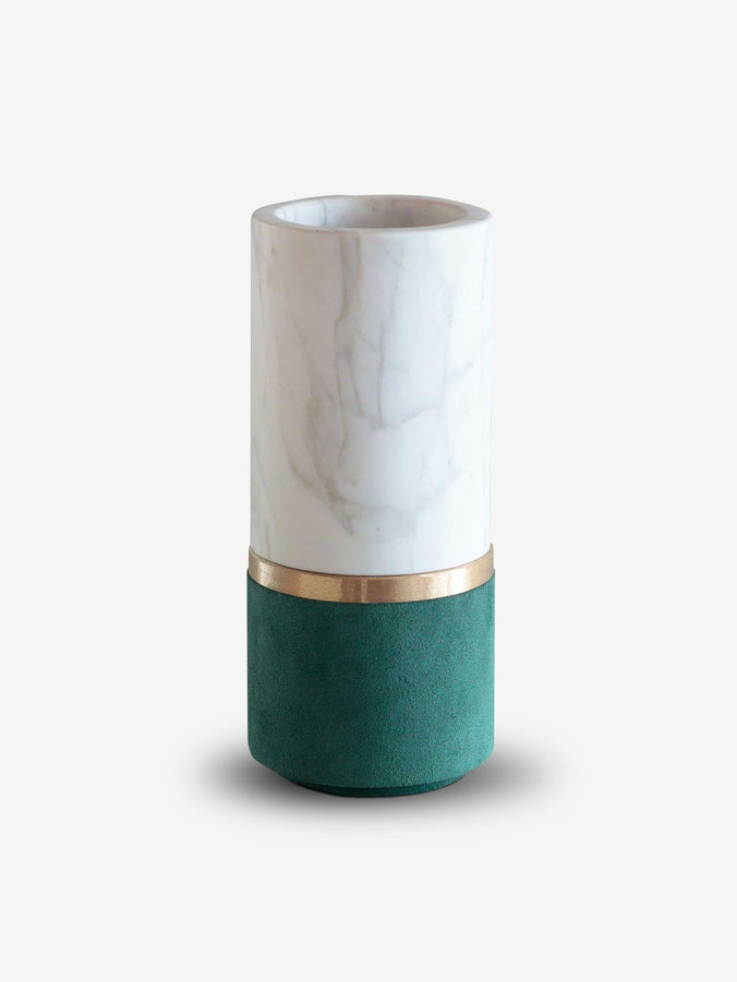 Dure Vase in Calacatta Marble and Green Suede