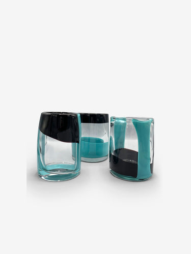 Arcade Murano Ichnos Black Turquoise Glass Vases - Mini 3 Piece Set by Arcade Glass Tabletop New Glassware 7.75” H x 5.5” Diameter / Black Turquoise / Glass