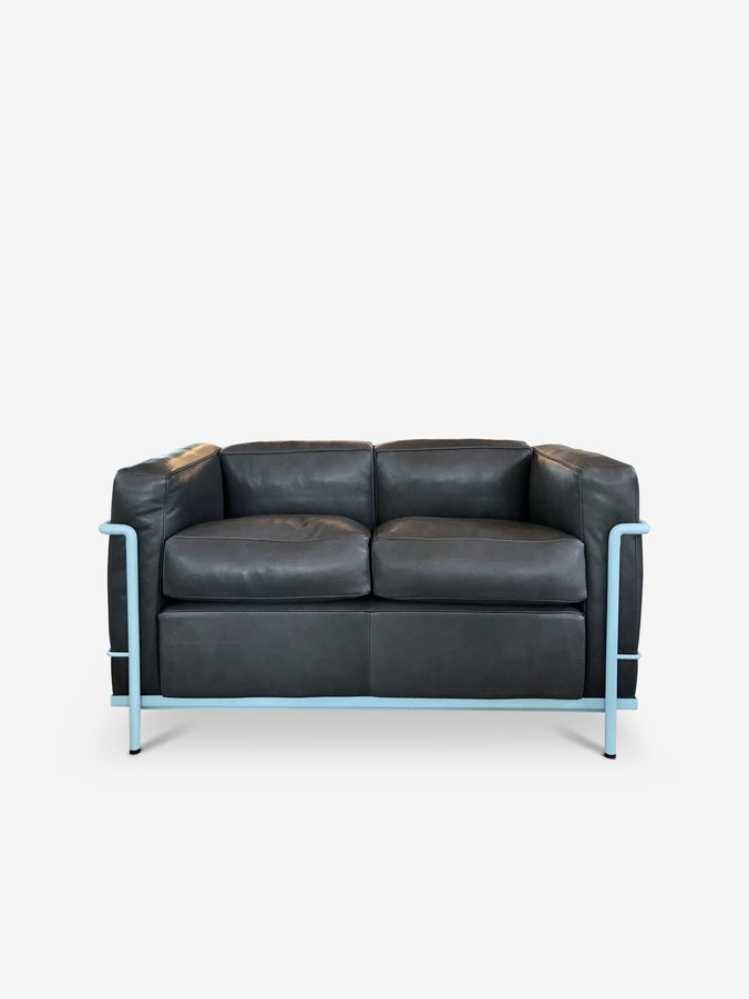iMaestri Le Corbusier 2 Two Seater Sofa in Light Blue Enamel and Leather by Cassina