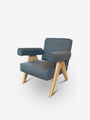 Cassina Pierre Jeanneret 053 Capitol Complex Armchair in Oak with Jeans Fabric by Cassina Furniture New Seating 27.2” W x 28” D x 29” H x 14.7” Seat Height / Jeans / Linen
