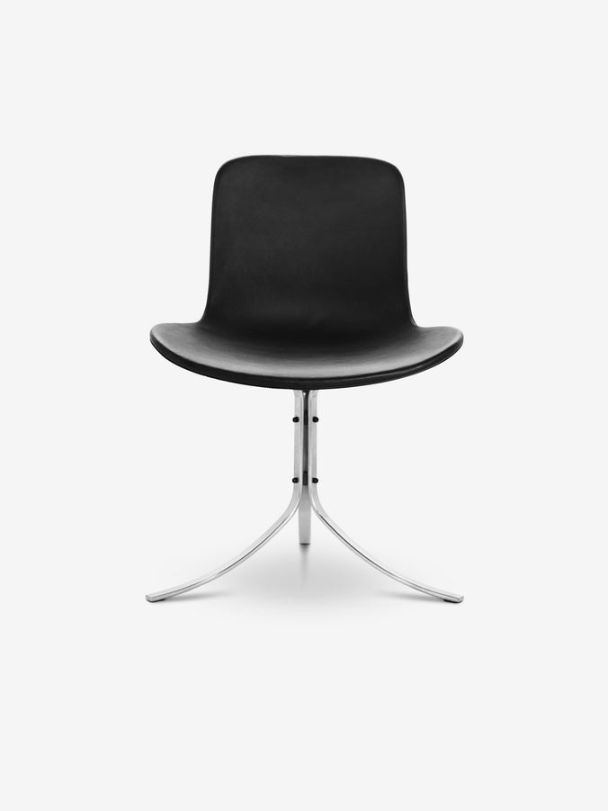 Poul Kjaerholm PK9 Chair in Satin Brushed Steel and Black Leather by Fritz Hansen
