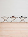 Fritz Hansen Poul Kjaerholm PK91 Folding Stool in Rustic Leather by Fritz Hansen Furniture New Seating 23" W x 18" D x 16" H / Natural / Metal