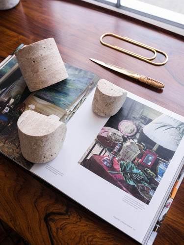 Collection Particuliere Travertine Paperweights by Dessuant Bone for Collection Particuliere Home Accessories New Vessels 3” - 3.5” - 4.3” / White / Travertine