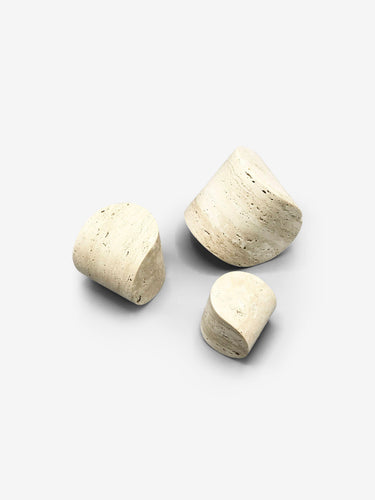 Collection Particuliere Travertine Paperweights by Dessuant Bone for Collection Particuliere Home Accessories New Vessels 3” - 3.5” - 4.3” / White / Travertine