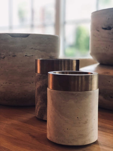 Michael Verheyden X-Small Coppa Container with Bronze Rim and Travertine by Michael Verheyden Home Accessories New Vessels 3.5” D x 4.5” H / Bronze Rim and Travertine / Marble